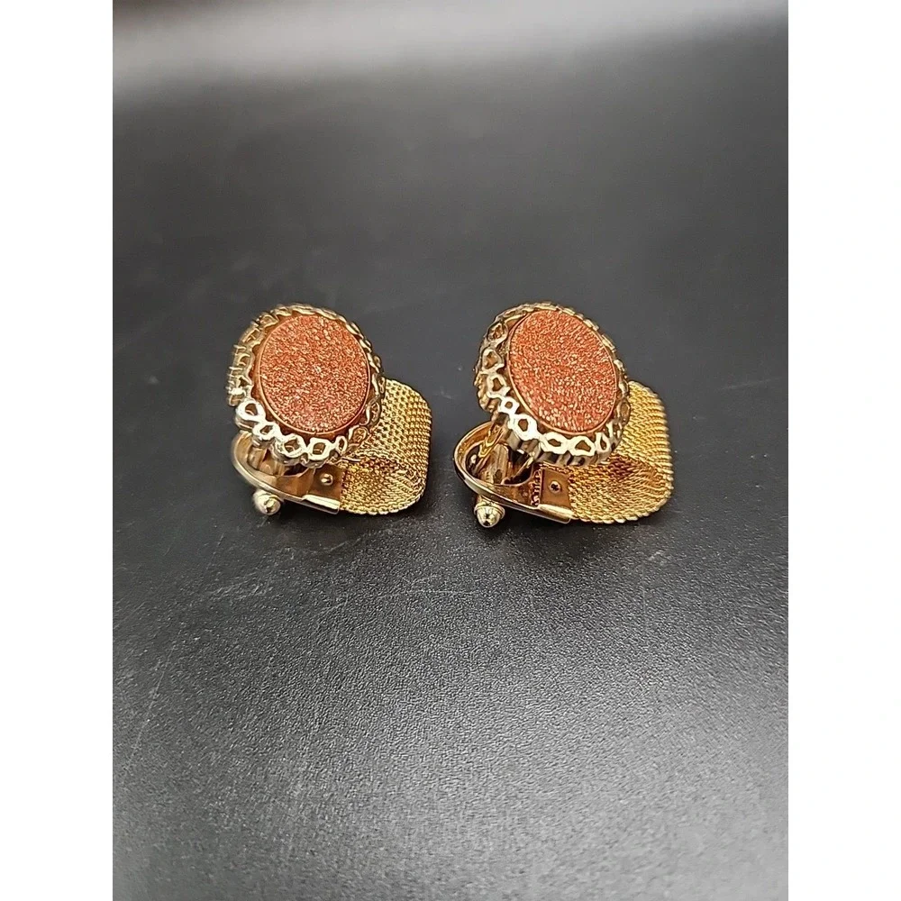 Vintage Oval Gemstone Goldstone Mesh Ornate Gold‎ Plated Wrap Around Cuff Links